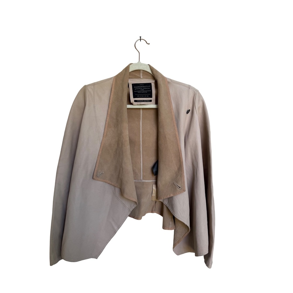 AllSaints Spitalfields Italian Leather Draped Wrap Jacket Beige Size US 6